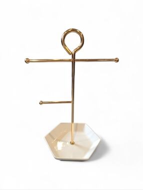 Jewelry Tree Catch All Tray Gold Metal With Ivory Ceramic Hexagon Base Tray